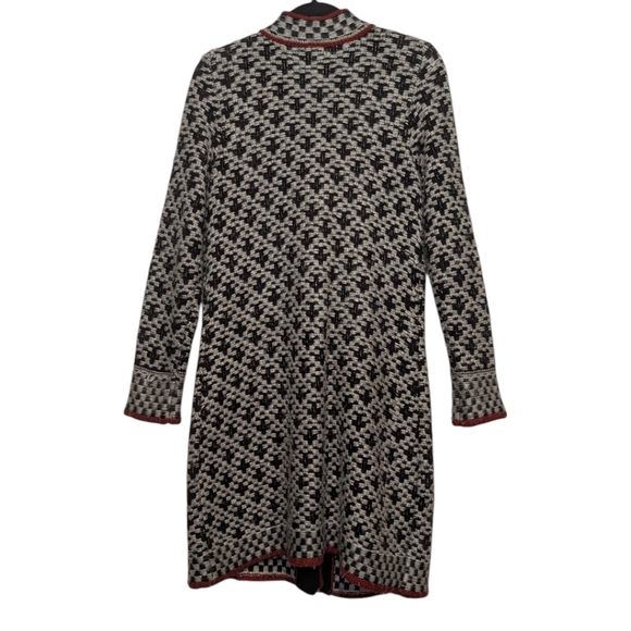 Chicos Black White Knit Duster Coatigan Red Trim Fall Winter Wool Blend Sz 1 M 8 - Picture 2 of 8
